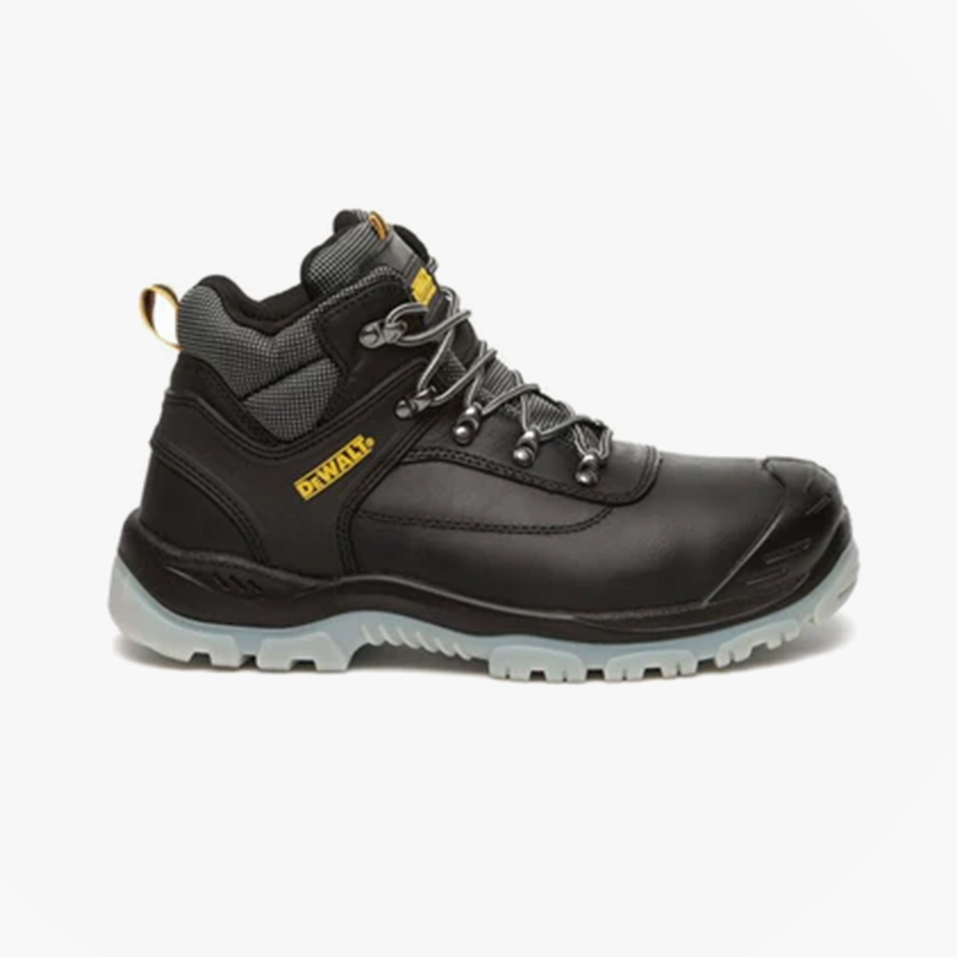 Dewalt LASER Unisex Boots Black side view showcasing leather upper, rubber sole, and lace-up closure.