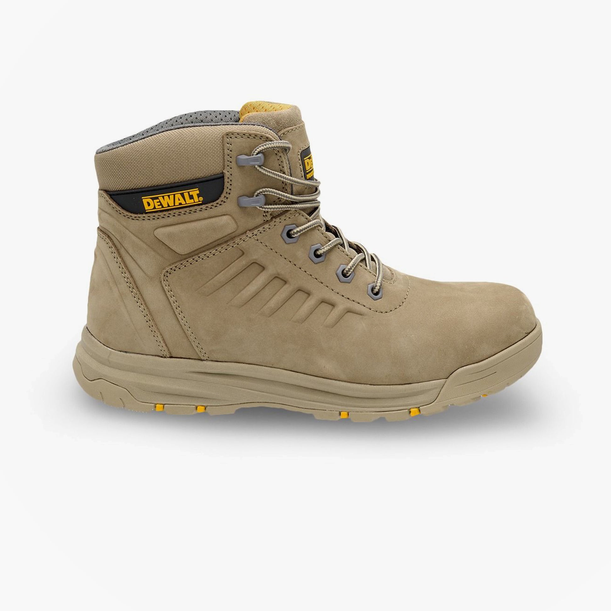 Dewalt LIMA Mens Boots Stone side view, safety boots with nubuck upper, rubber sole, and lace-up closure.