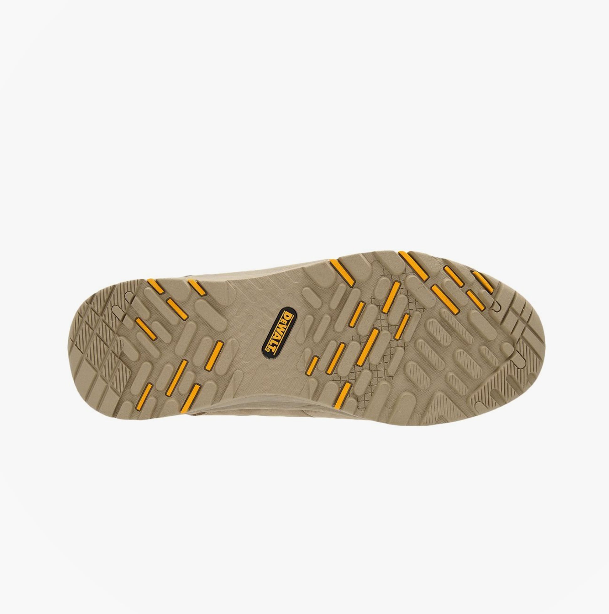 Dewalt LIMA Mens Boots Stone rubber sole bottom view with traction features and yellow accents.