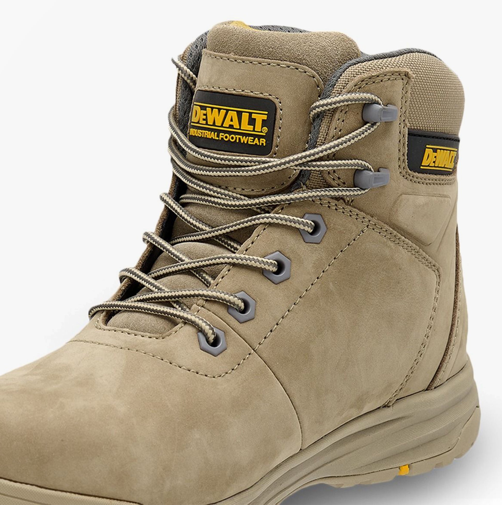 Dewalt LIMA Mens Boots Stone close-up detail view showcasing lace-up design and nubuck upper material.