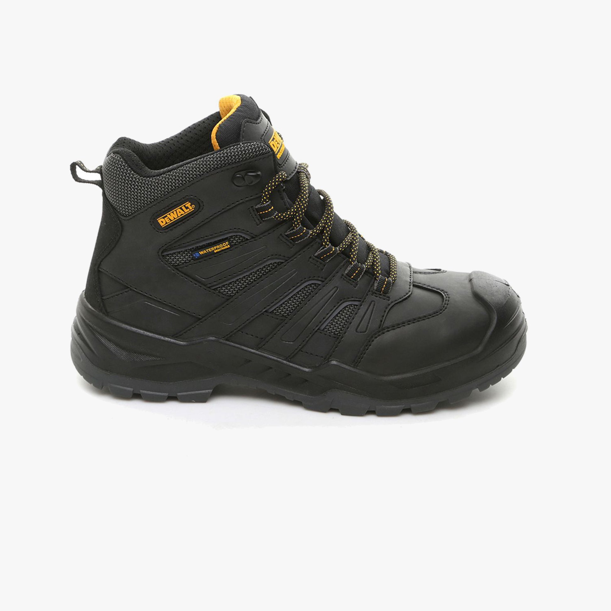 Dewalt MURRAY Mens Boots Black side view showing lace-up design, round toe, and rubber sole featuring comfort and safety features.