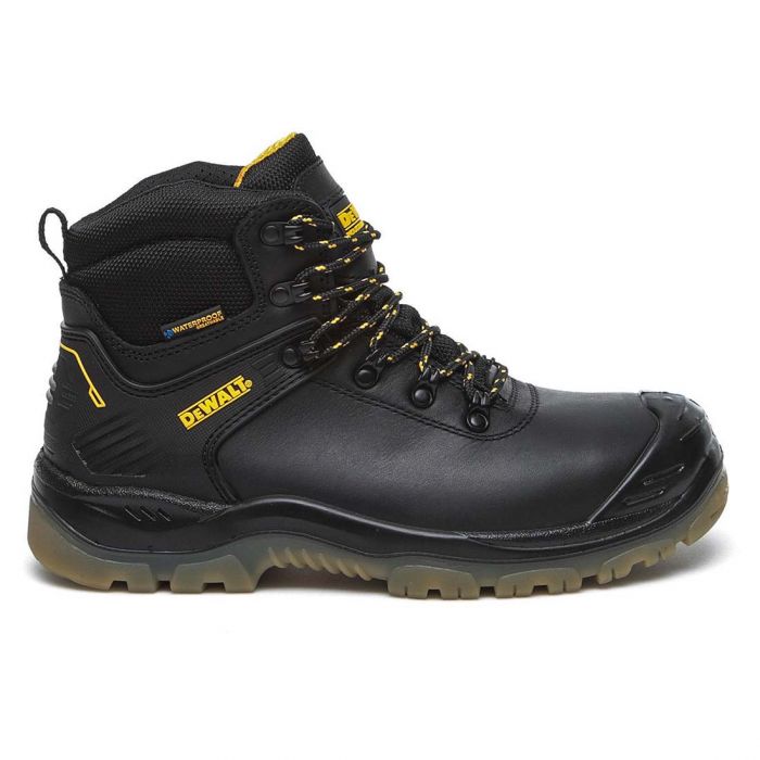 Dewalt NEWARK Mens Boots Black side view showing lace-up design and rubber sole with anti-static features.