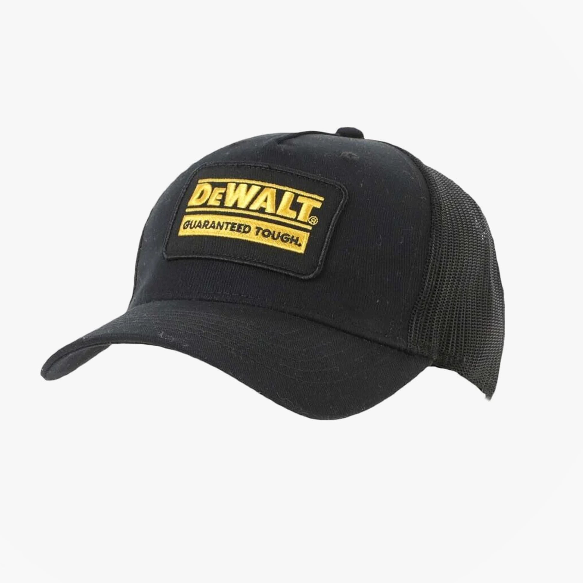 Dewalt OAKDALE Unisex Workwear Baseball Cap Black side view showcasing logo and breathable design.
