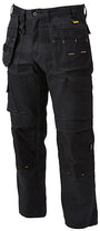 Dewalt PROTRADESMAN Mens Trousers Black side view showing pockets and Cordura-reinforced knee pad pockets.