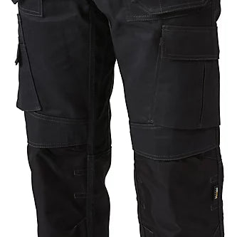 Dewalt PROTRADESMAN Mens Trousers Black side view showing pockets and Cordura-reinforced knee pad pockets.