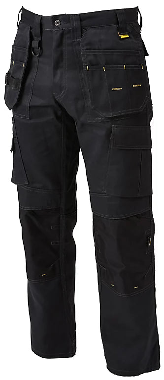 Dewalt PROTRADESMAN Mens Trousers Black side view showing pockets and Cordura-reinforced knee pad pockets.