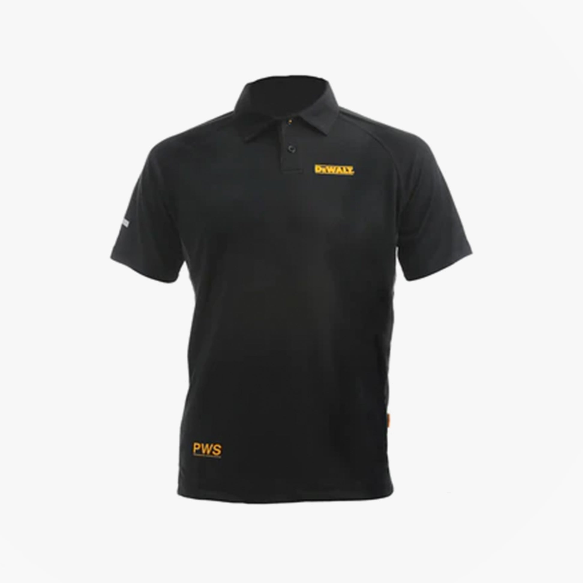Dewalt RUTLAND Mens Polo Shirt Black front view featuring moisture-wicking technology and standard collar.
