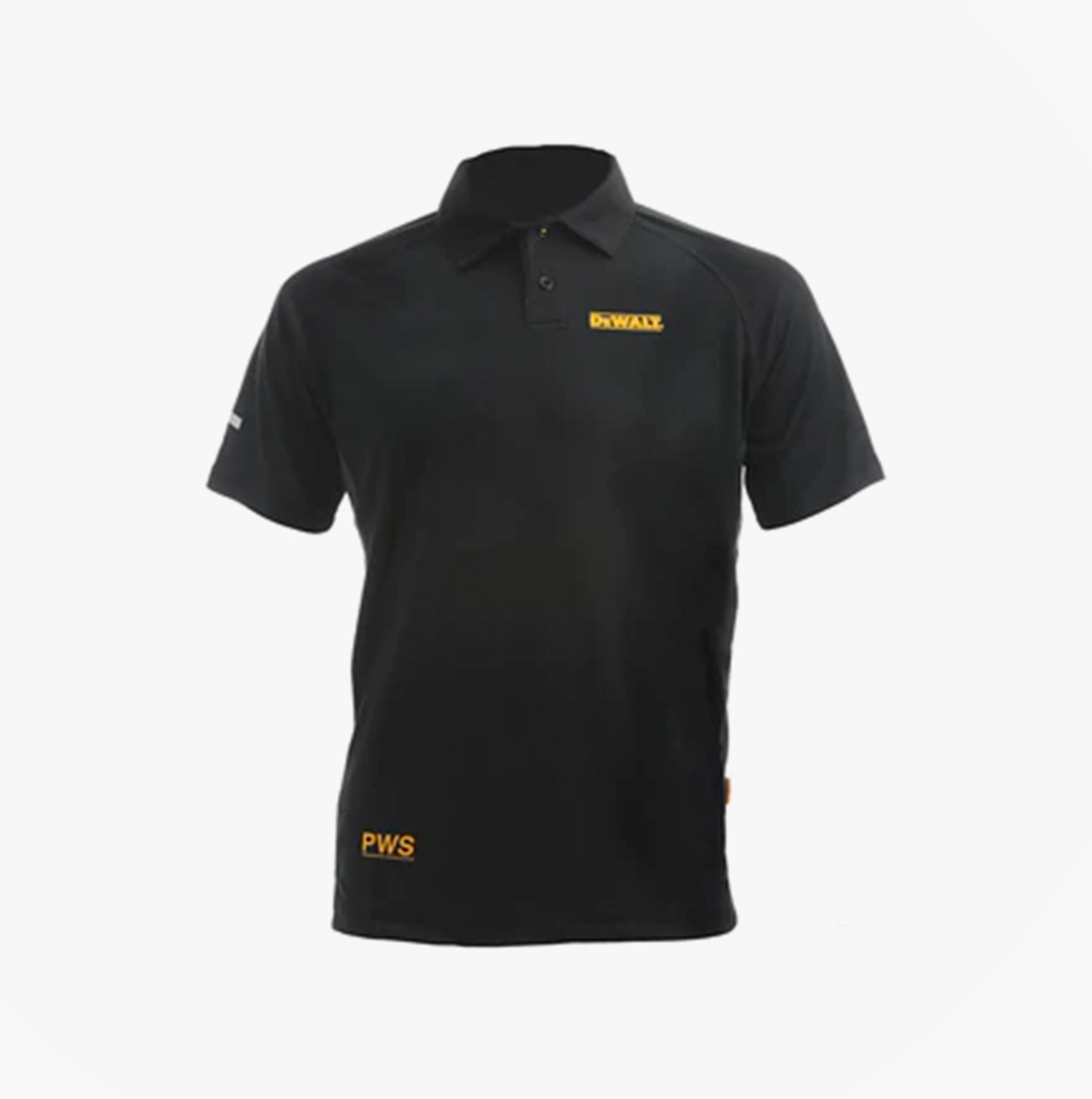 Dewalt RUTLAND Mens Polo Shirt Black front view featuring moisture-wicking technology and standard collar.