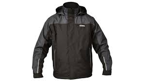 Dewalt STORM Mens Waterproof Coat Grey Black front view, hooded jacket made from 100% polyester, features zip closure and adjustable cuffs.