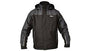 Dewalt STORM Mens Waterproof Coat Grey Black front view, hooded jacket made from 100% polyester, features zip closure and adjustable cuffs.