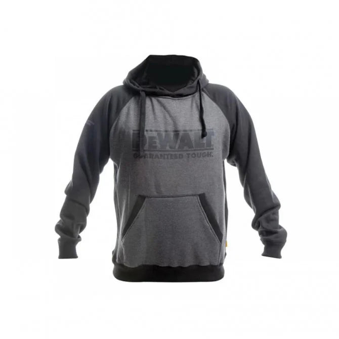 Dewalt STRATFORD Mens Workwear Hoody Grey Black front view showcasing self-fabric side panels with eyelet holes.