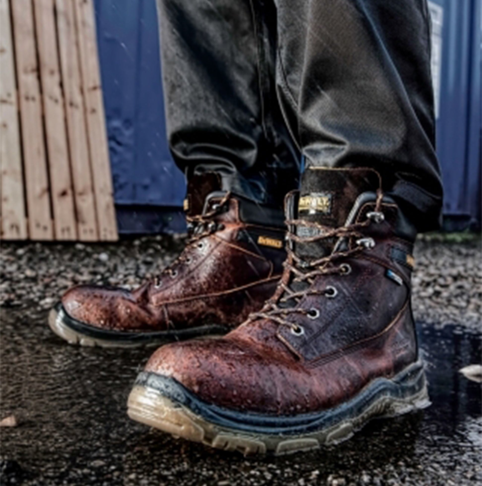 Dewalt TITANIUM Mens Boots Brown side view showing waterproof feature and detail of lace-up design.