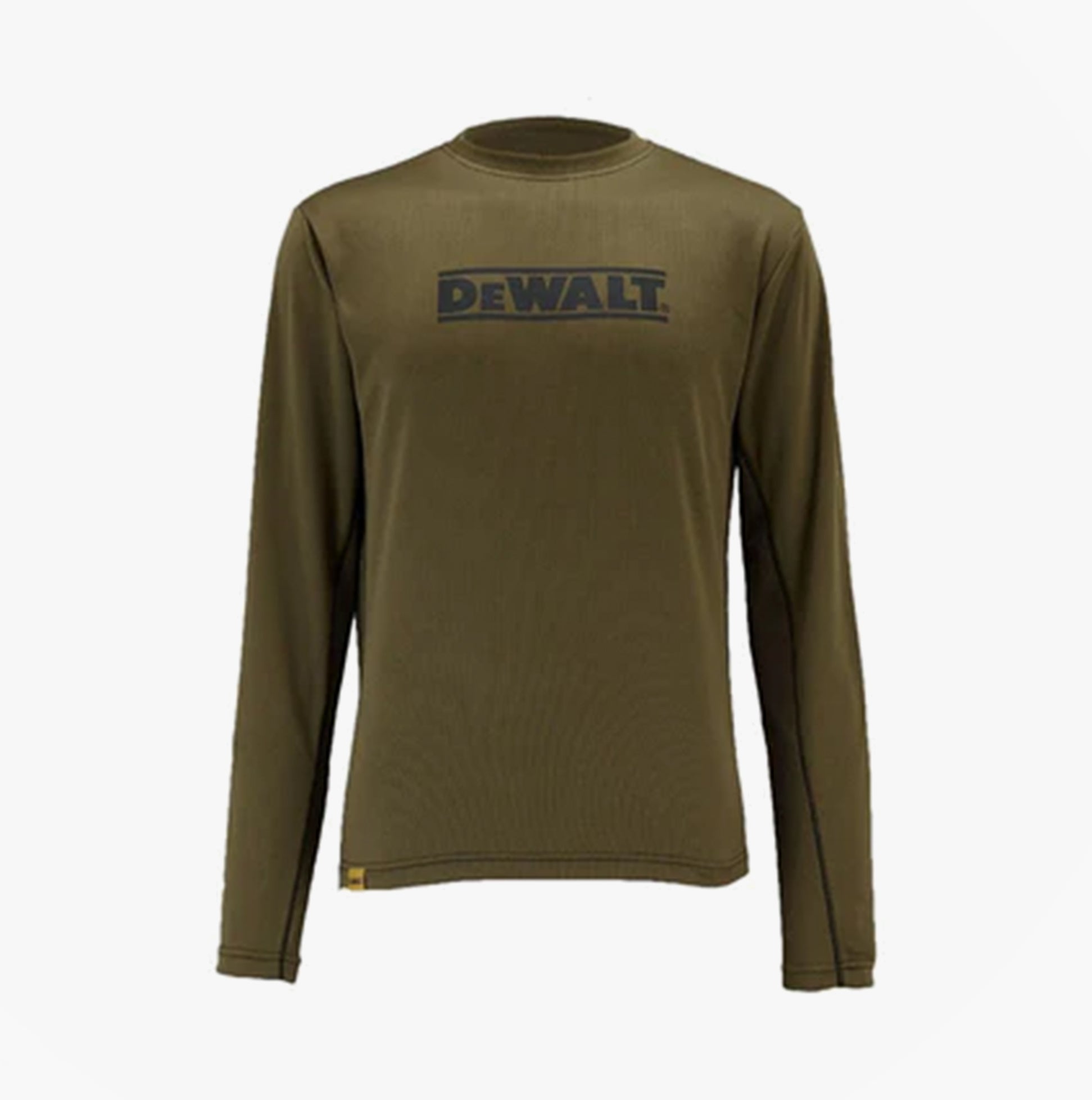 Dewalt TRURO Mens T Shirt Olive front view showcasing moisture-wicking technology and logo design.