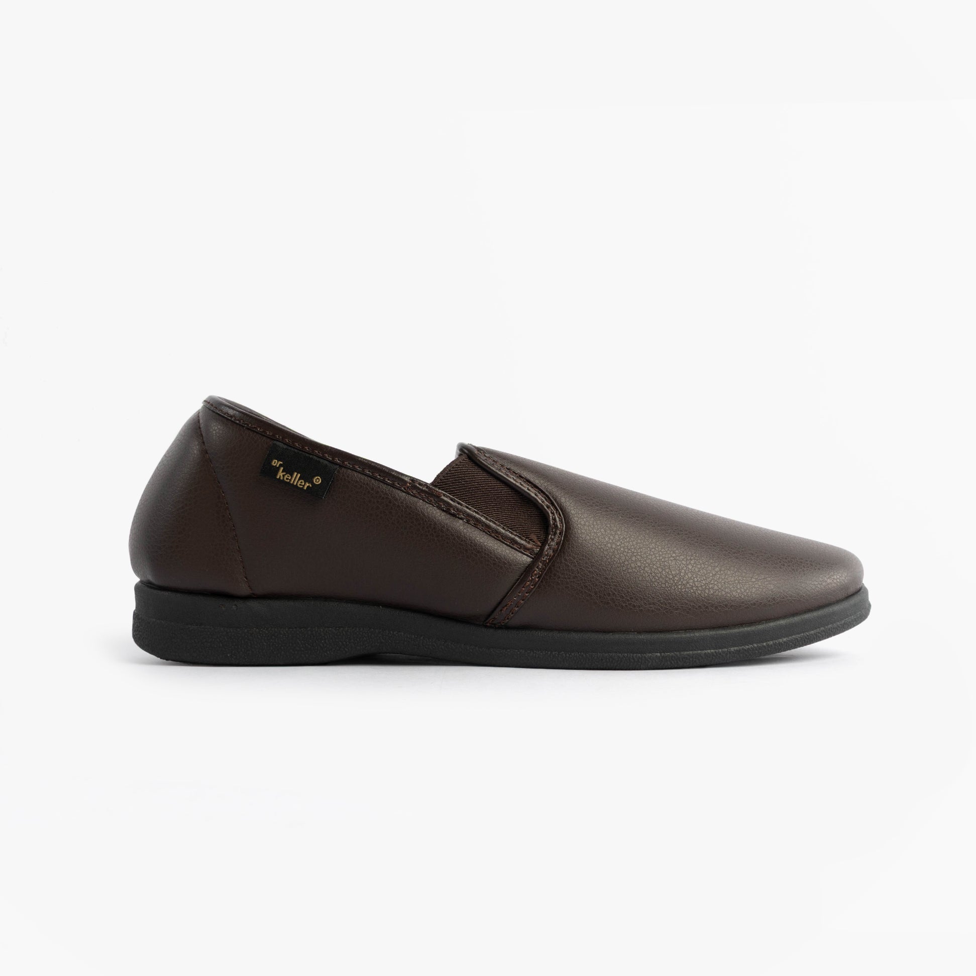 Dr Keller CHRISTOF Mens Slippers Brown side view showing slip-on design and round toe shape.