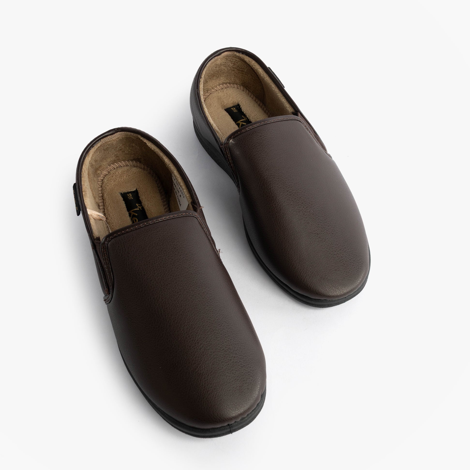 Dr Keller CHRISTOF Mens Slippers Brown top view showing slip-on design with warm lining and round toe shape.