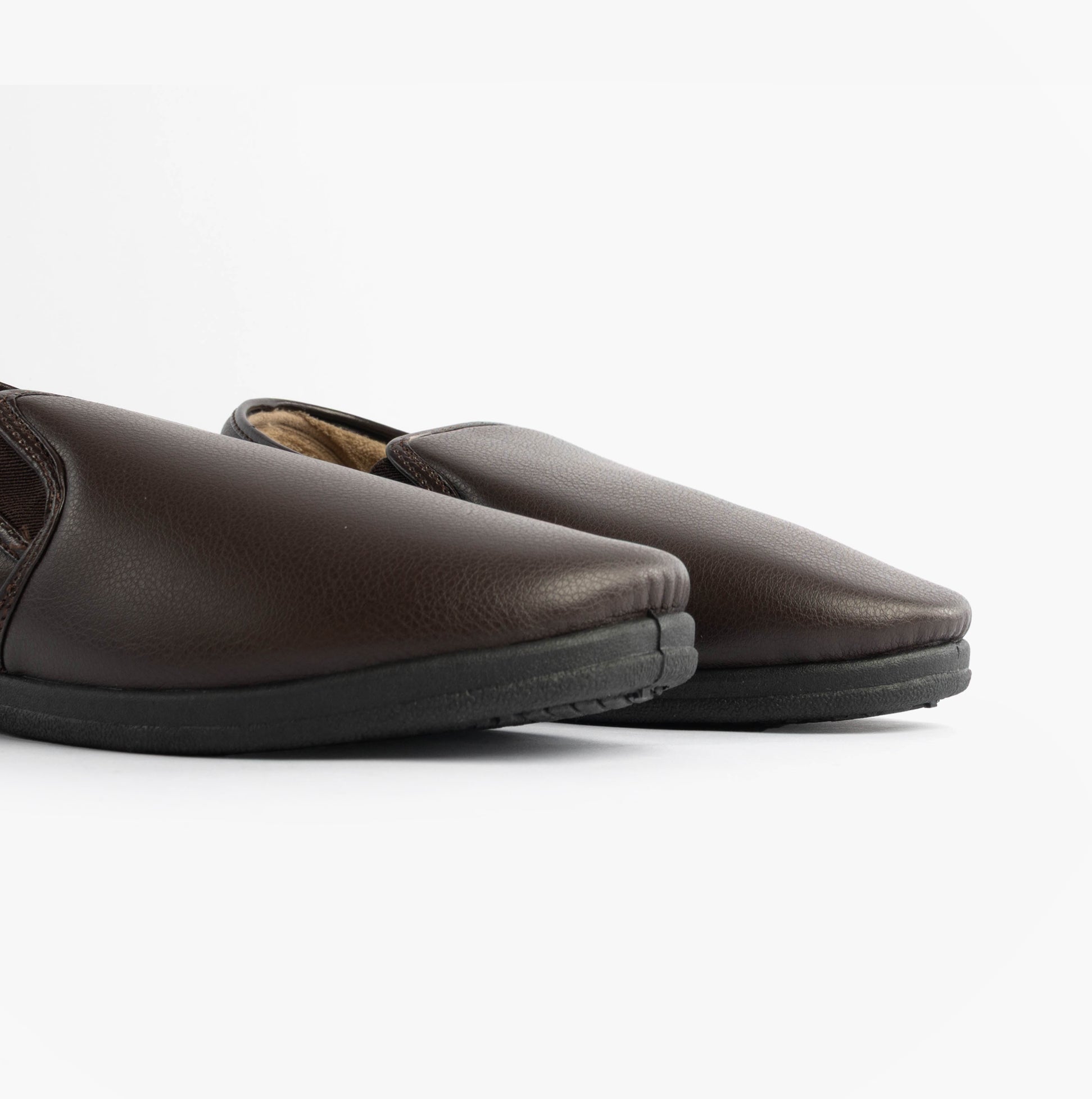 Dr Keller CHRISTOF Mens Slippers Brown side view showcasing soft PU upper and flat sole.