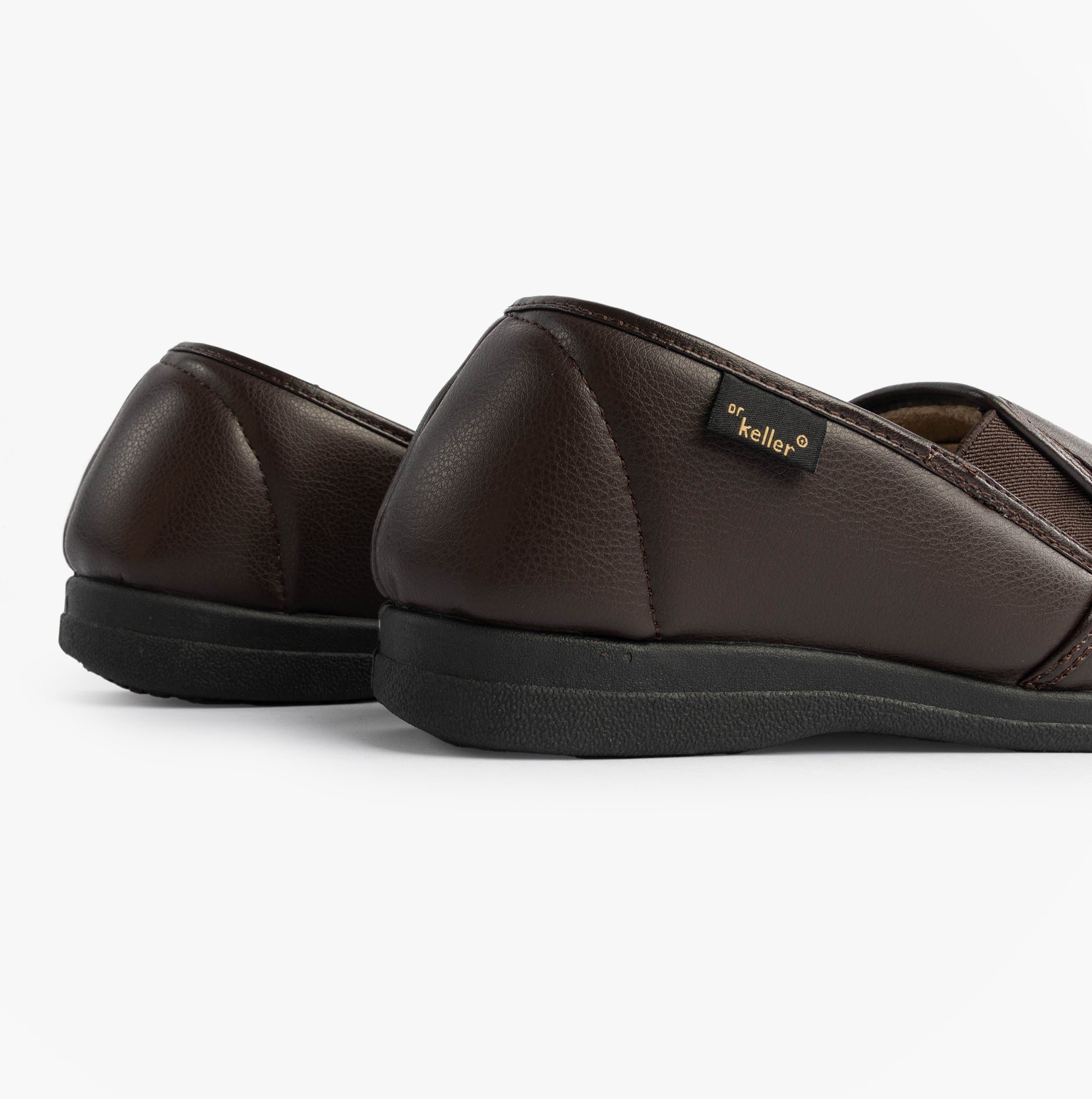 Dr Keller CHRISTOF Mens Slippers Brown back view showcasing soft PU material and slip-on design.