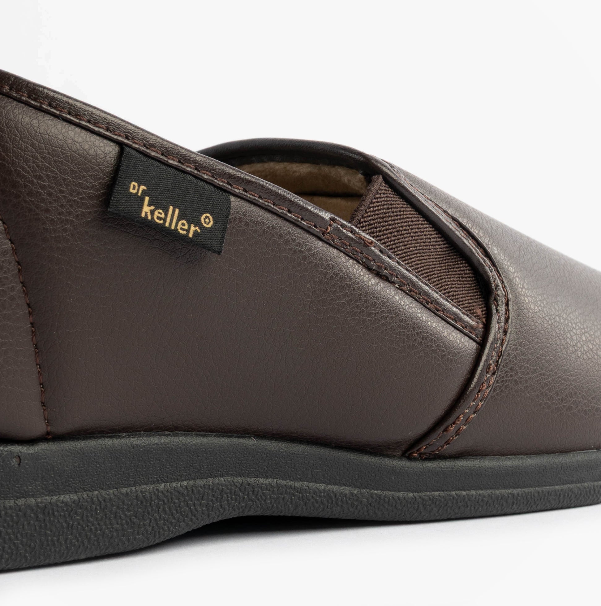 Dr Keller CHRISTOF Mens Slippers Brown side view showing elasticated side panel and PU material.