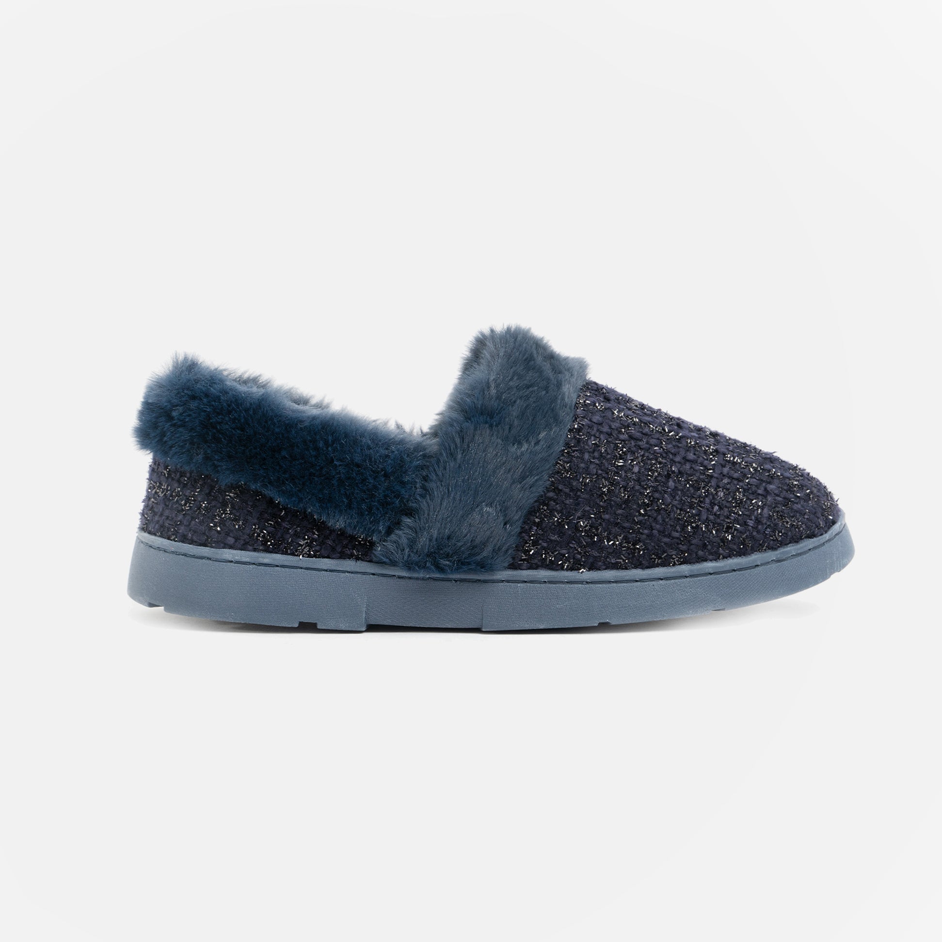 Dr Keller AVON Womens Full Slippers Navy side view with faux fur lining and lightweight synthetic sole.