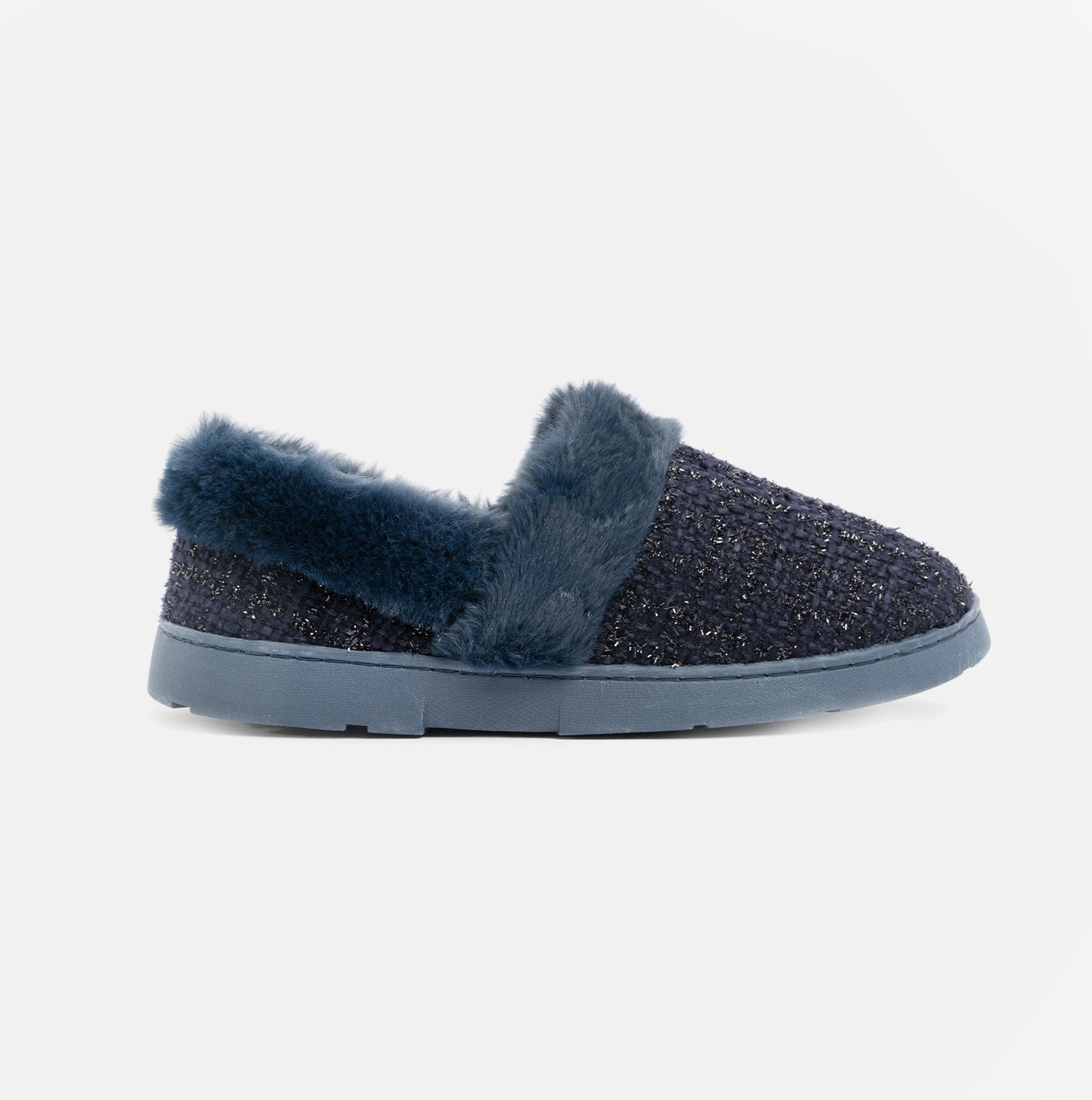 Dr Keller AVON Womens Full Slippers Navy side view with faux fur lining and lightweight synthetic sole.