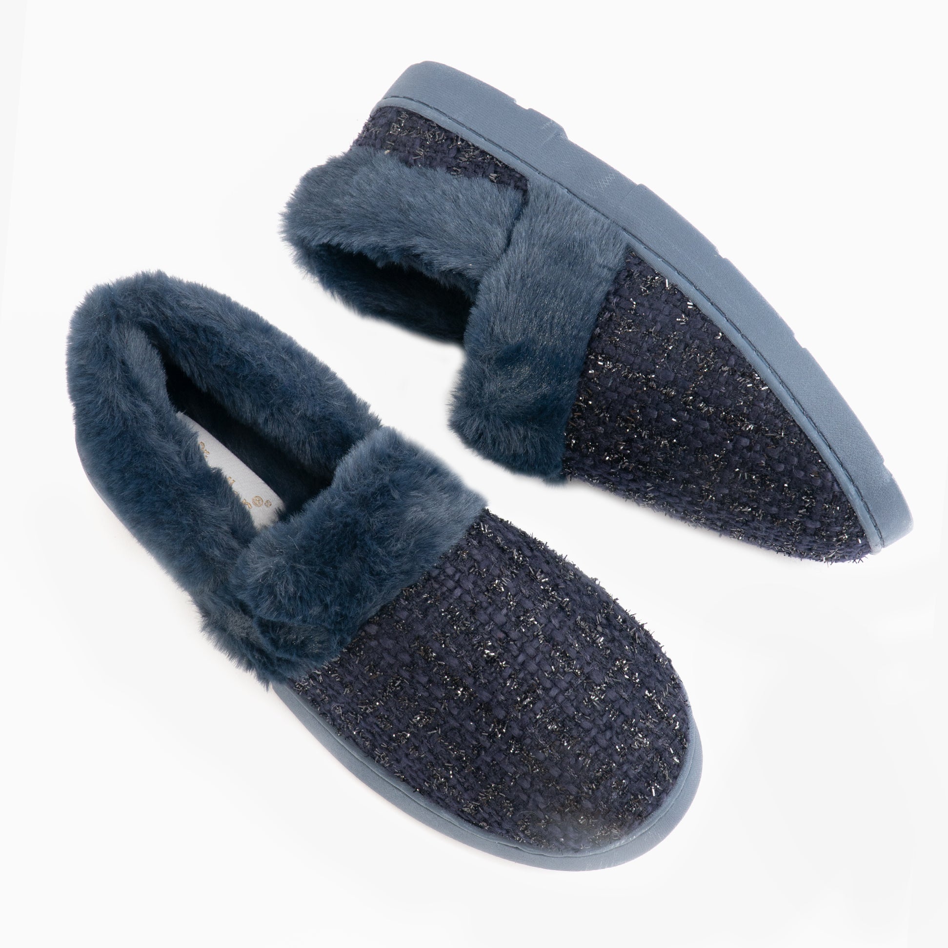 Dr Keller AVON Womens Full Slippers Navy top view with faux fur lining and textured upper material.