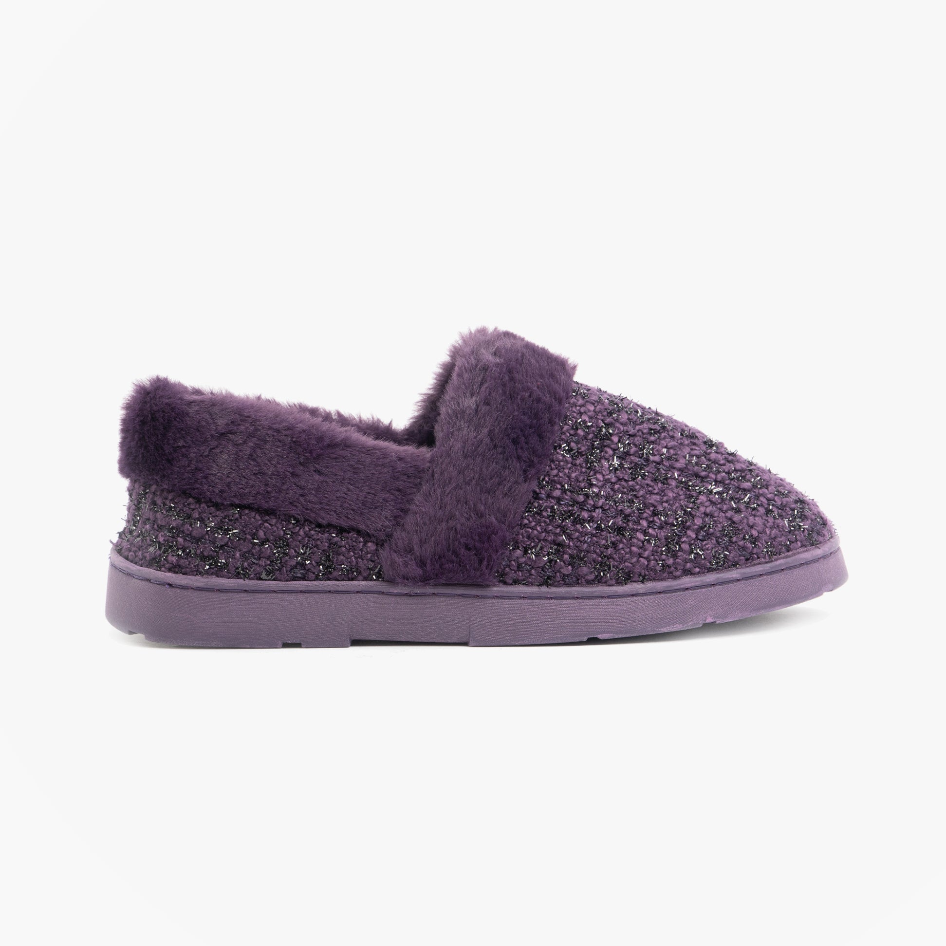 Dr Keller AVON Womens Slippers Purple side view showcasing textile upper and faux fur lining.