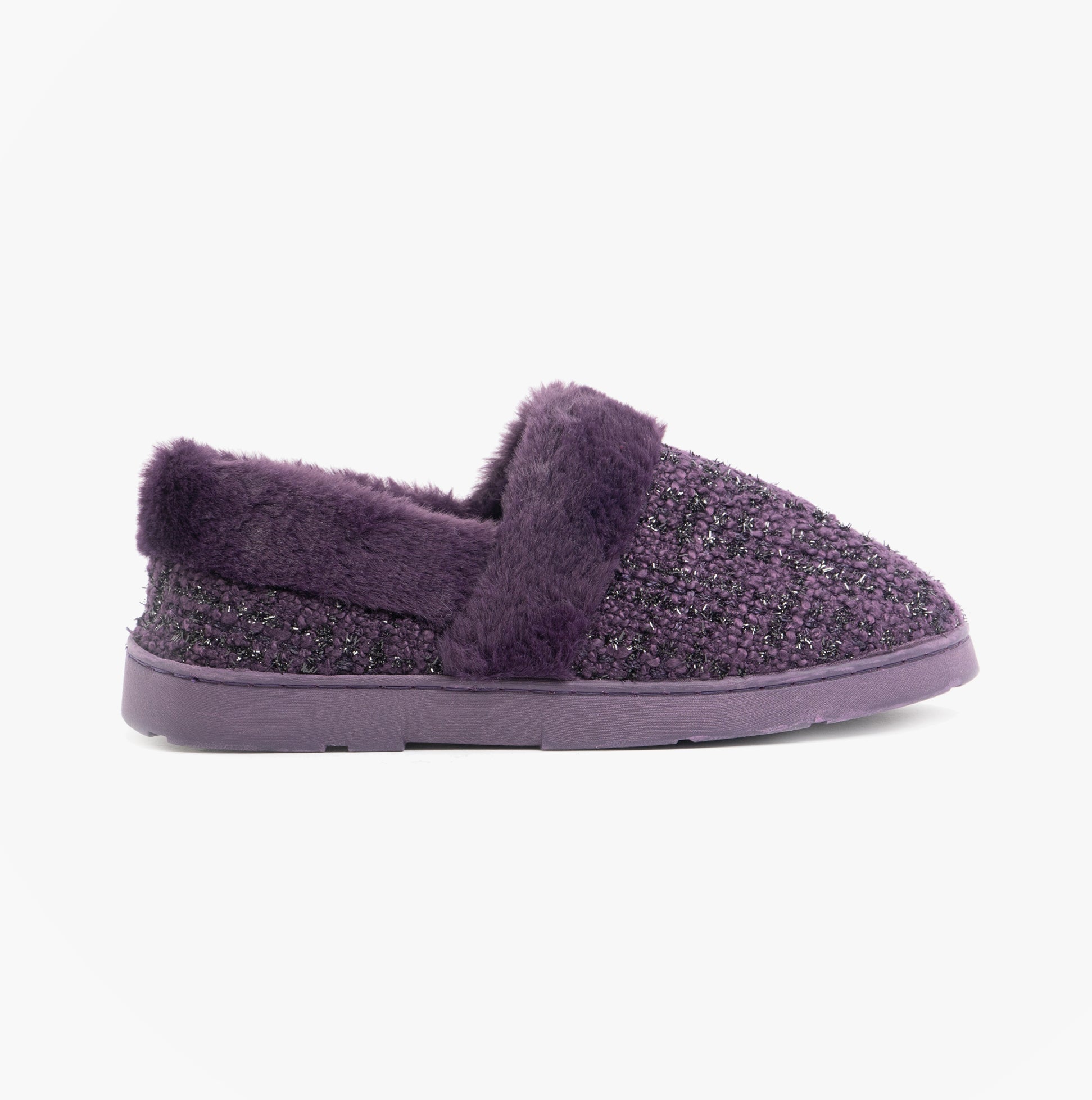 Dr Keller AVON Womens Slippers Purple side view showcasing textile upper and faux fur lining.