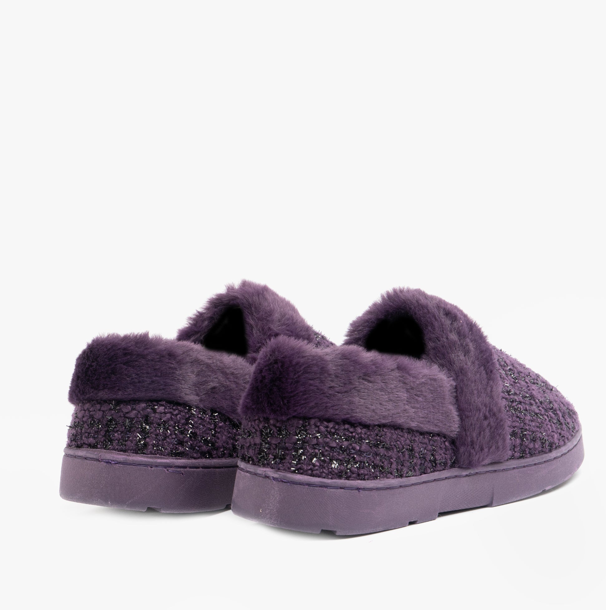 Dr Keller AVON Womens Slippers Purple, back view showing faux fur lining and flat sole.