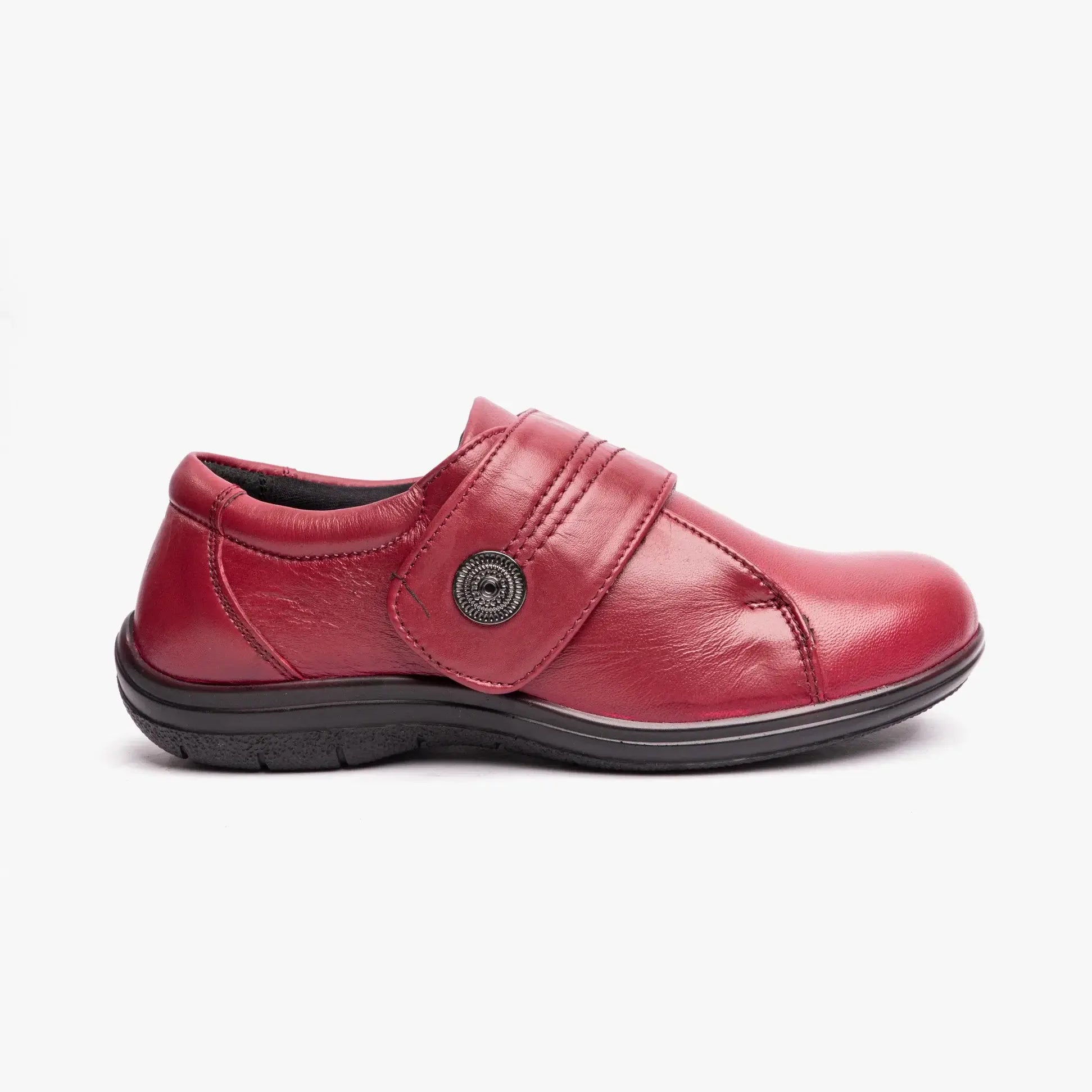 Dr Keller RITA Womens Shoes Burgundy side view featuring leather upper and touch fasten closure.