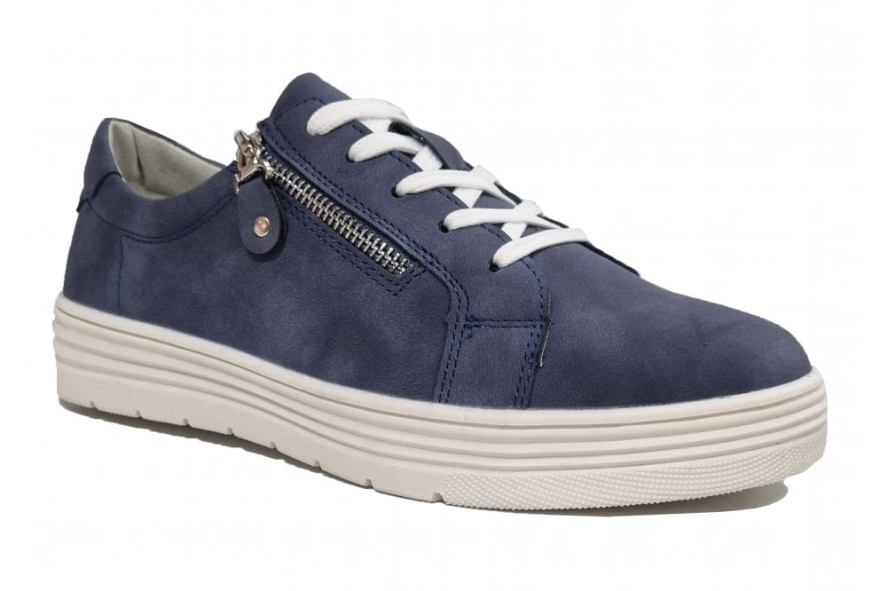 Dr Keller JANICE Womens Trainers Blue side view with lace-up closure and decorative zipper details.