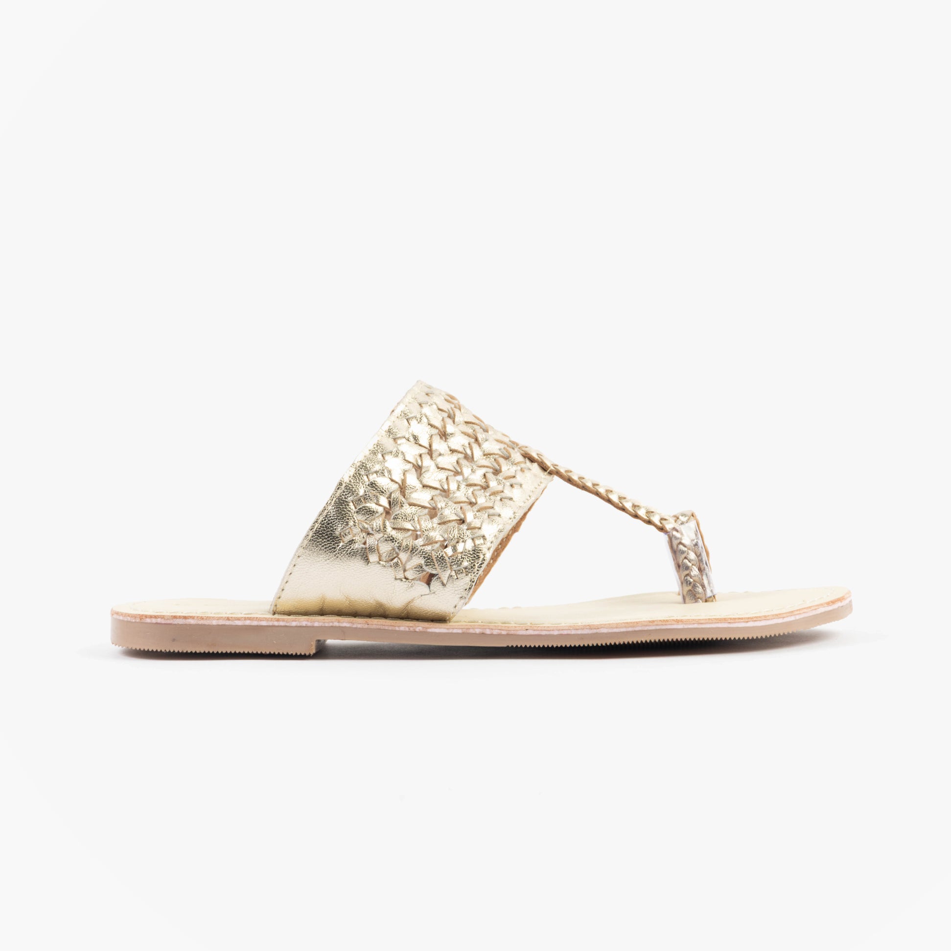 Dr Keller AVA Womens Sandals Gold side view featuring a flat design, synthetic materials and woven detailing.