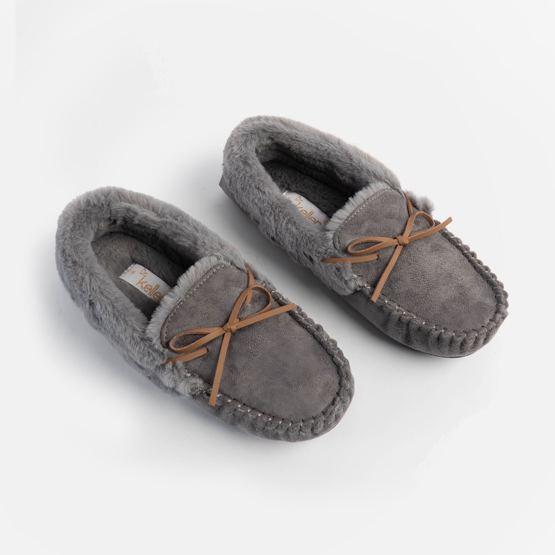 Dr Keller VANESSA Womens Slippers Grey top view with faux fur lining and bow detail, slip-on moccasin style
