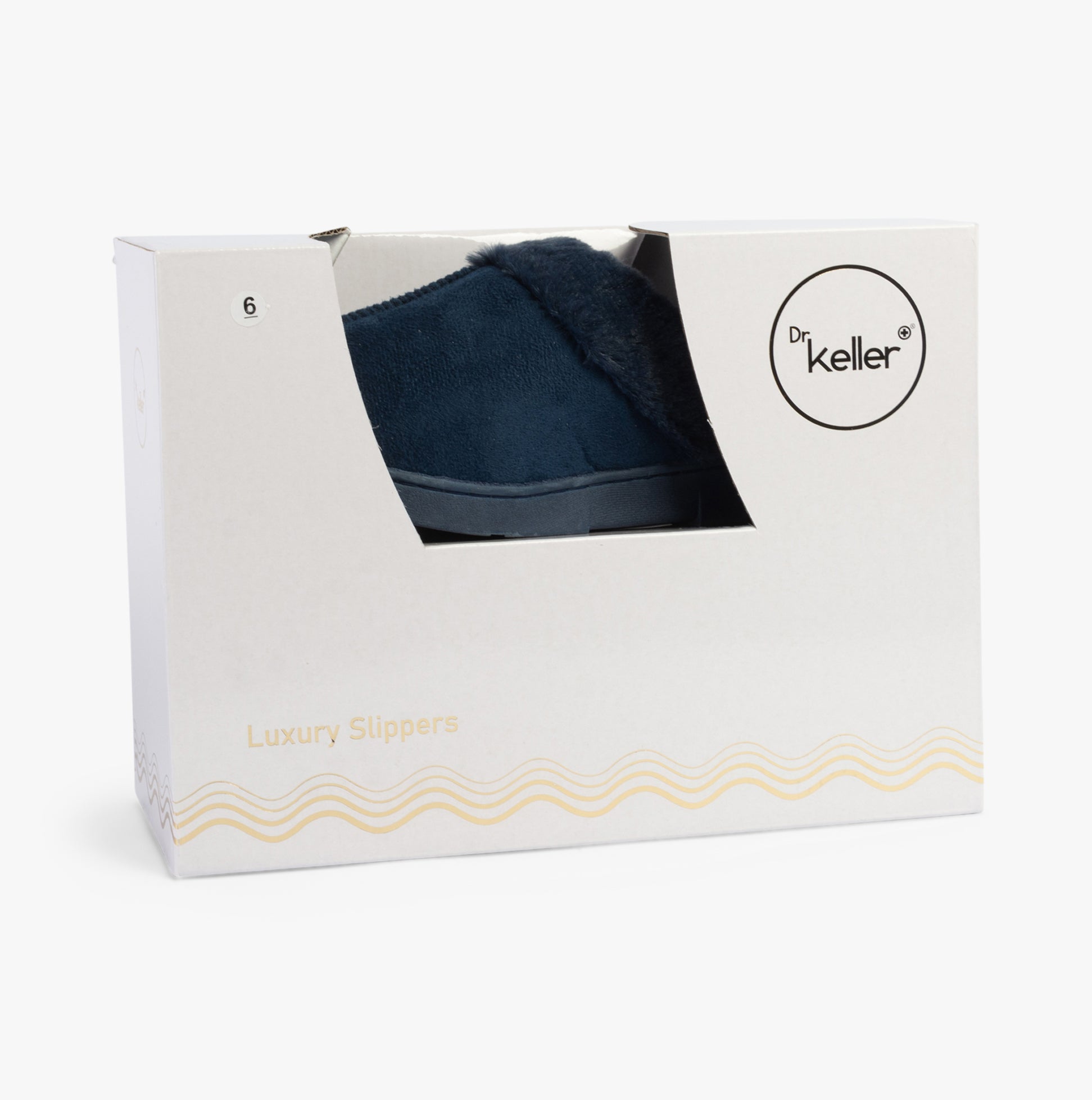 Dr Keller JUSTINE Womens Slippers Navy in packaging, showing slipper style and color, elegant design.