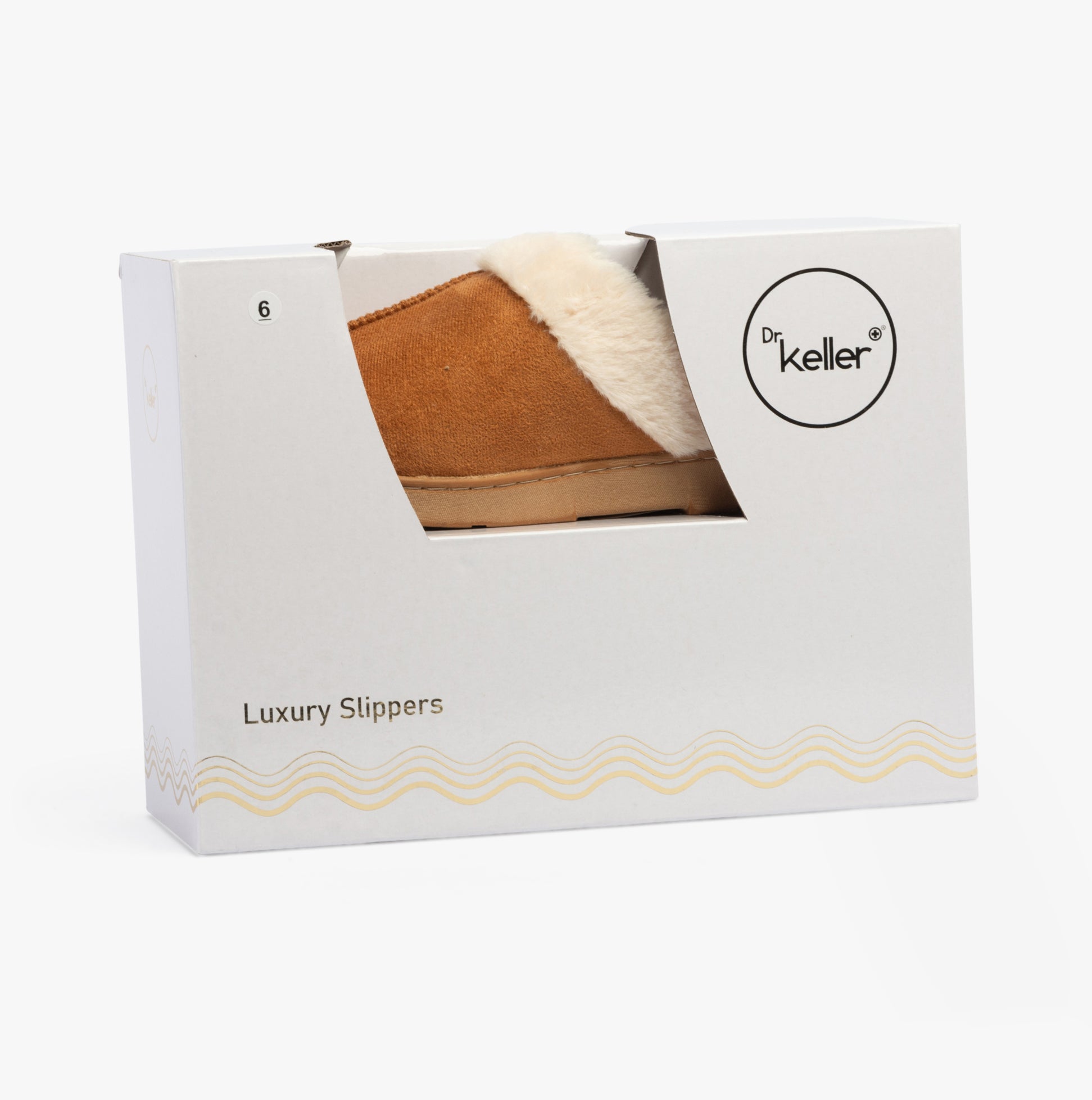 Dr Keller JUSTINE Womens Slippers Tan in gift box, showcasing the tan slipper style with faux fur lining.