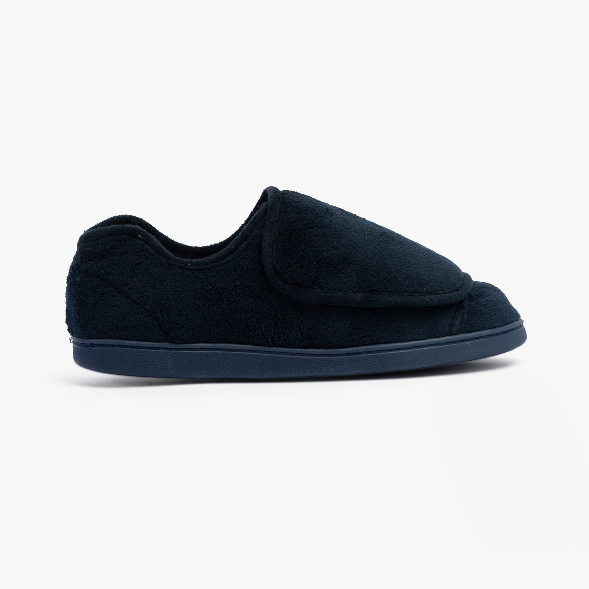 Dr Keller VELVIT Mens Slippers Navy side view showing touch fasten closure and faux fur lining.