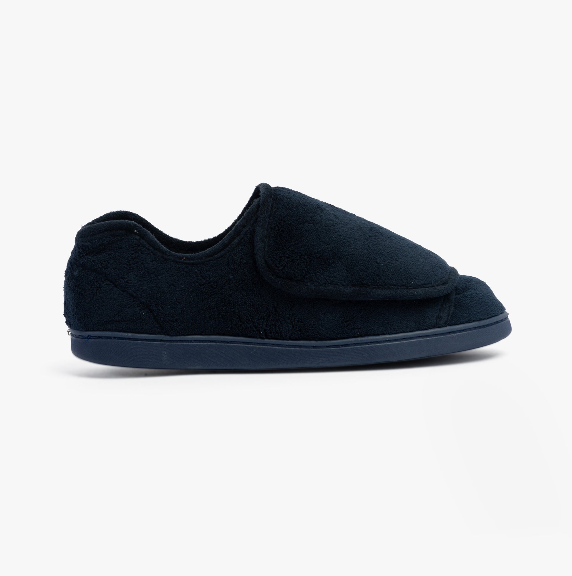 Dr Keller VELVIT Mens Slippers Navy side view showing touch fasten closure and faux fur lining.