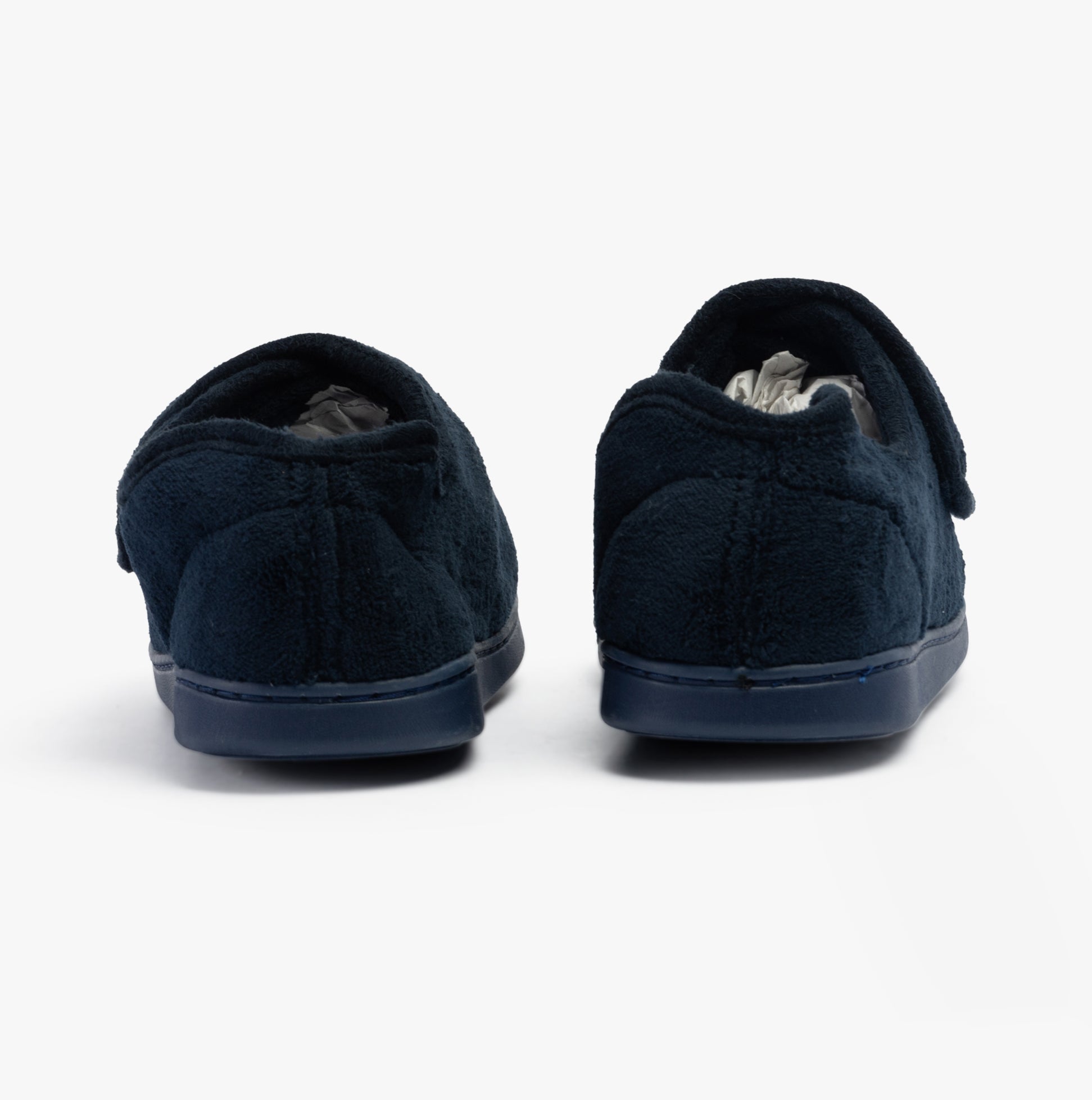 Dr Keller VELVIT Mens Slippers Navy rear view showing plush faux fur material and Velcro fastening details.