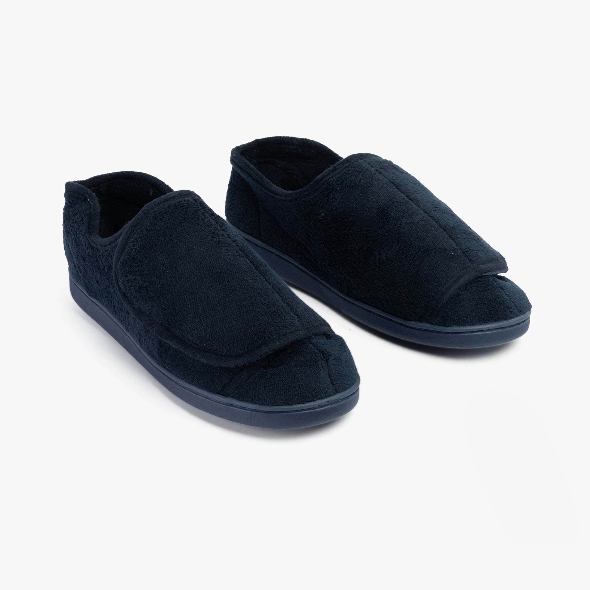Dr Keller VELVIT Mens Slippers Navy side view showcasing touch fasten velcro design and faux fur material.