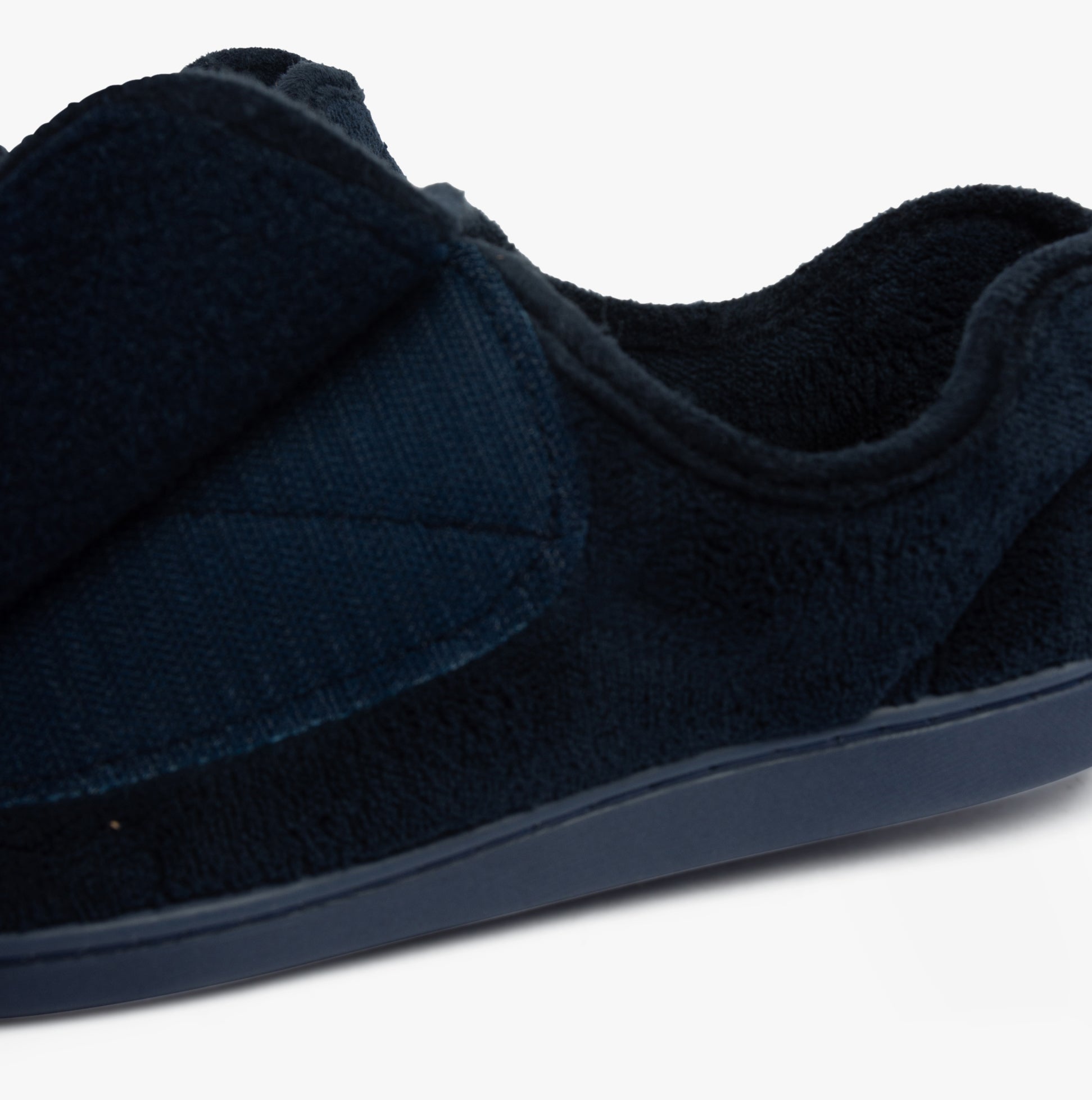 Dr Keller VELVIT Mens Slippers Navy side view featuring faux fur upper and Velcro closure.