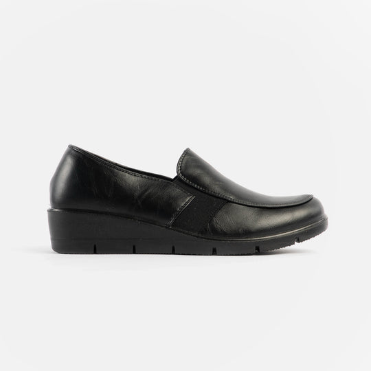 Dr Keller CATHY Womens Shoes Black side view showcasing the leather upper and wedge heel design.