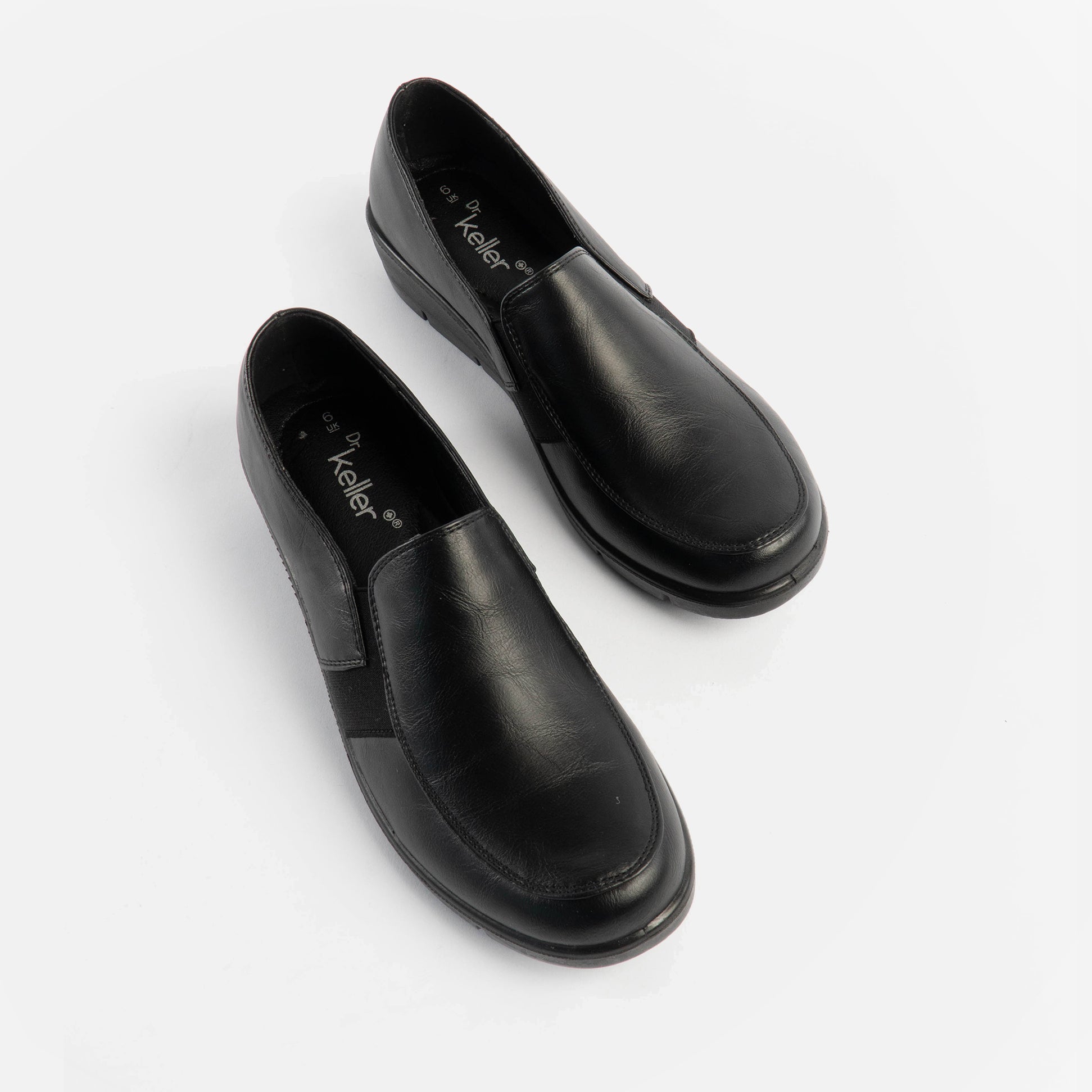 Dr Keller CATHY Womens Shoes Black top view showcasing slip-on design, round toe, and black leather upper.