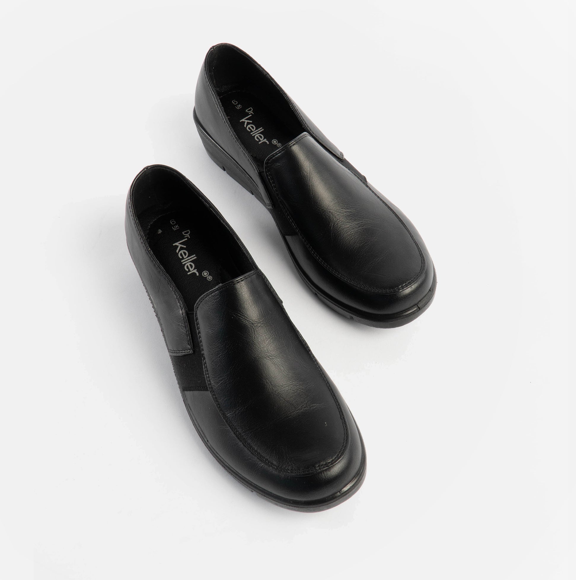 Dr Keller CATHY Womens Shoes Black top view showcasing slip-on design, round toe, and black leather upper.