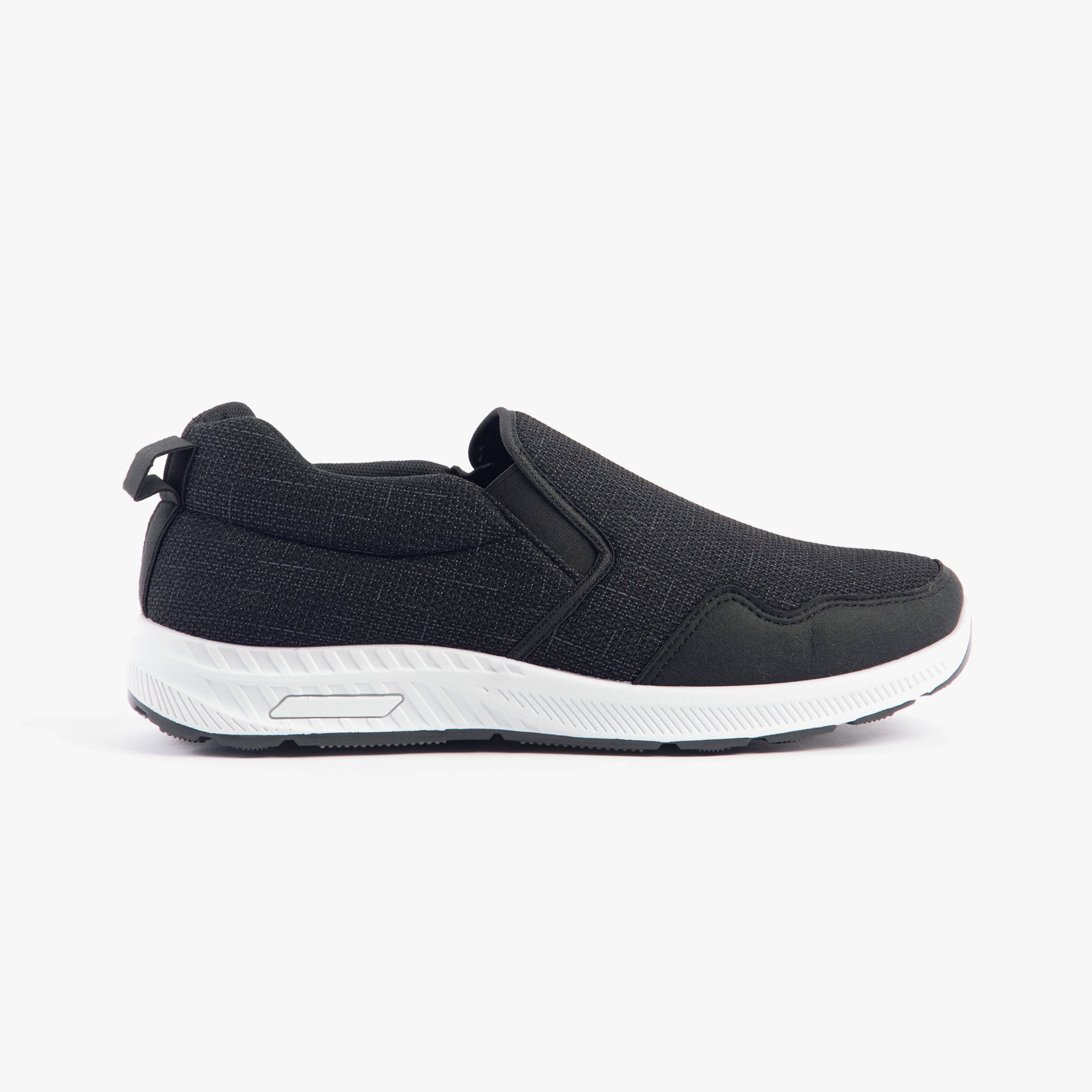 Dr Keller CRAIG Mens Wide-Fit Trainers Black side view with breathable synthetic upper and slip-on design.