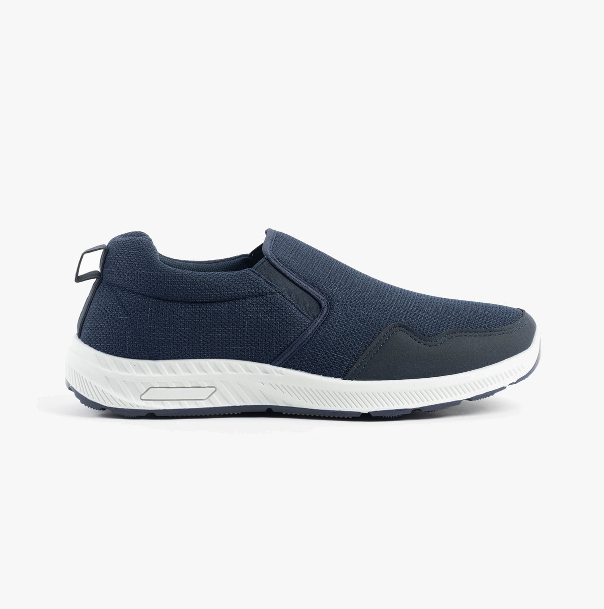 Dr Keller CRAIG Mens Wide-Fit Trainers Navy side view showcasing a casual slip-on design with breathable synthetic upper.