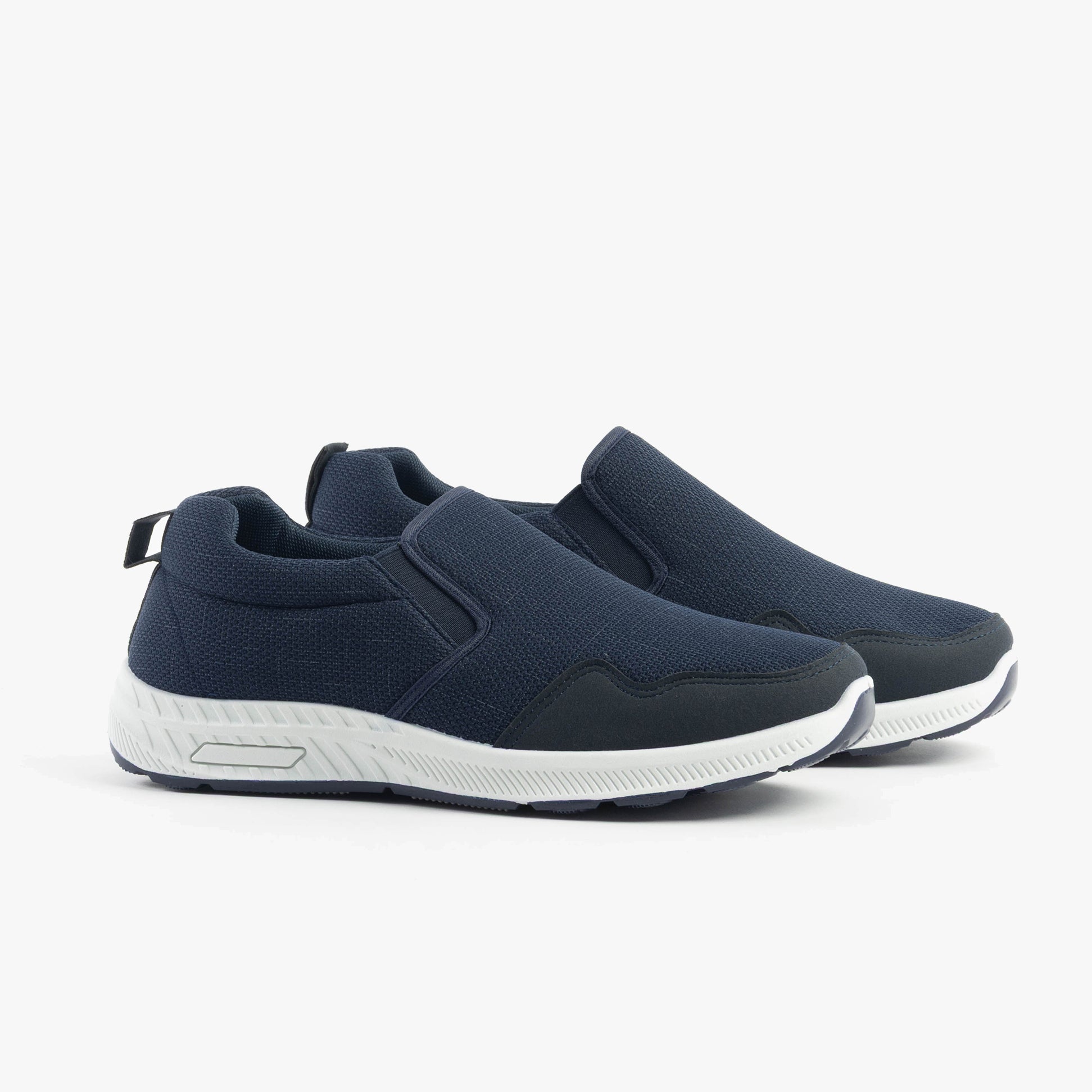 Dr Keller CRAIG Mens Wide-Fit Trainers Navy side view showing breathable synthetic upper and slip-on design.