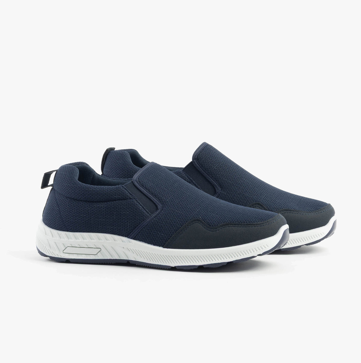 Dr Keller CRAIG Mens Wide-Fit Trainers Navy side view showing breathable synthetic upper and slip-on design.