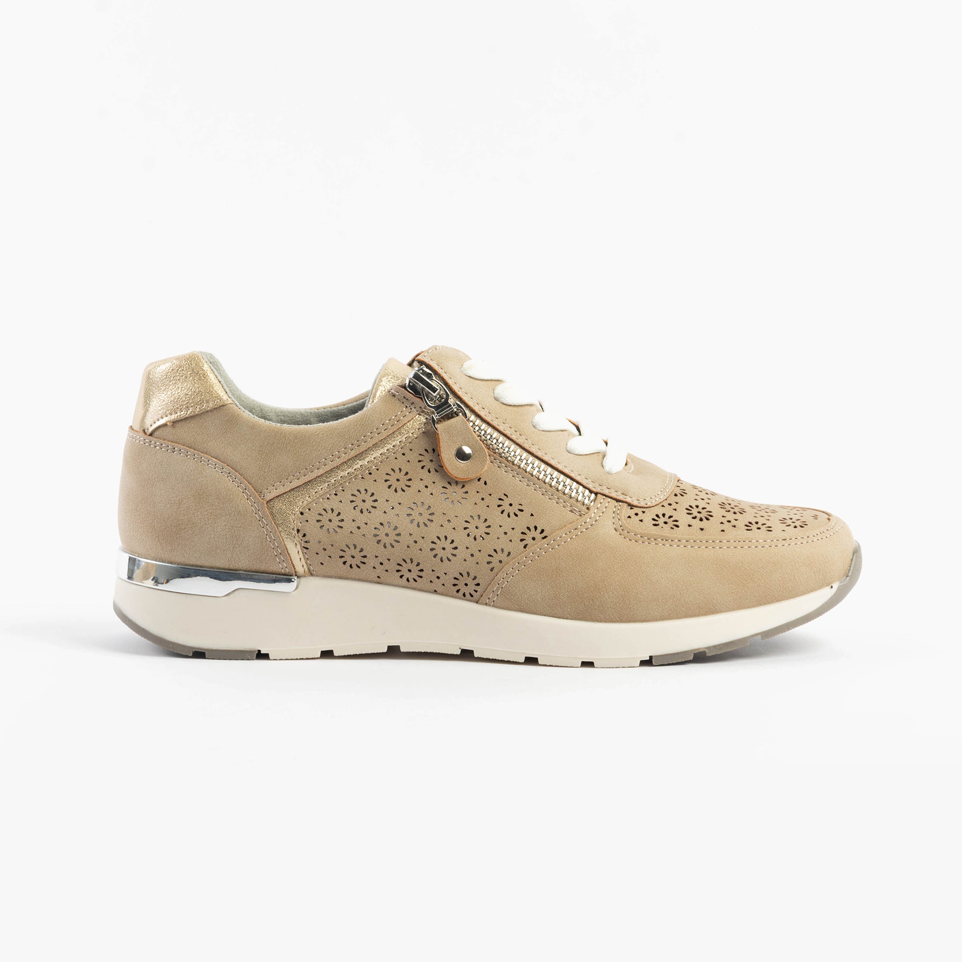 Dr Keller BARBARA Womens Trainers Beige side view showcasing lace-up closure and perforated upper design.