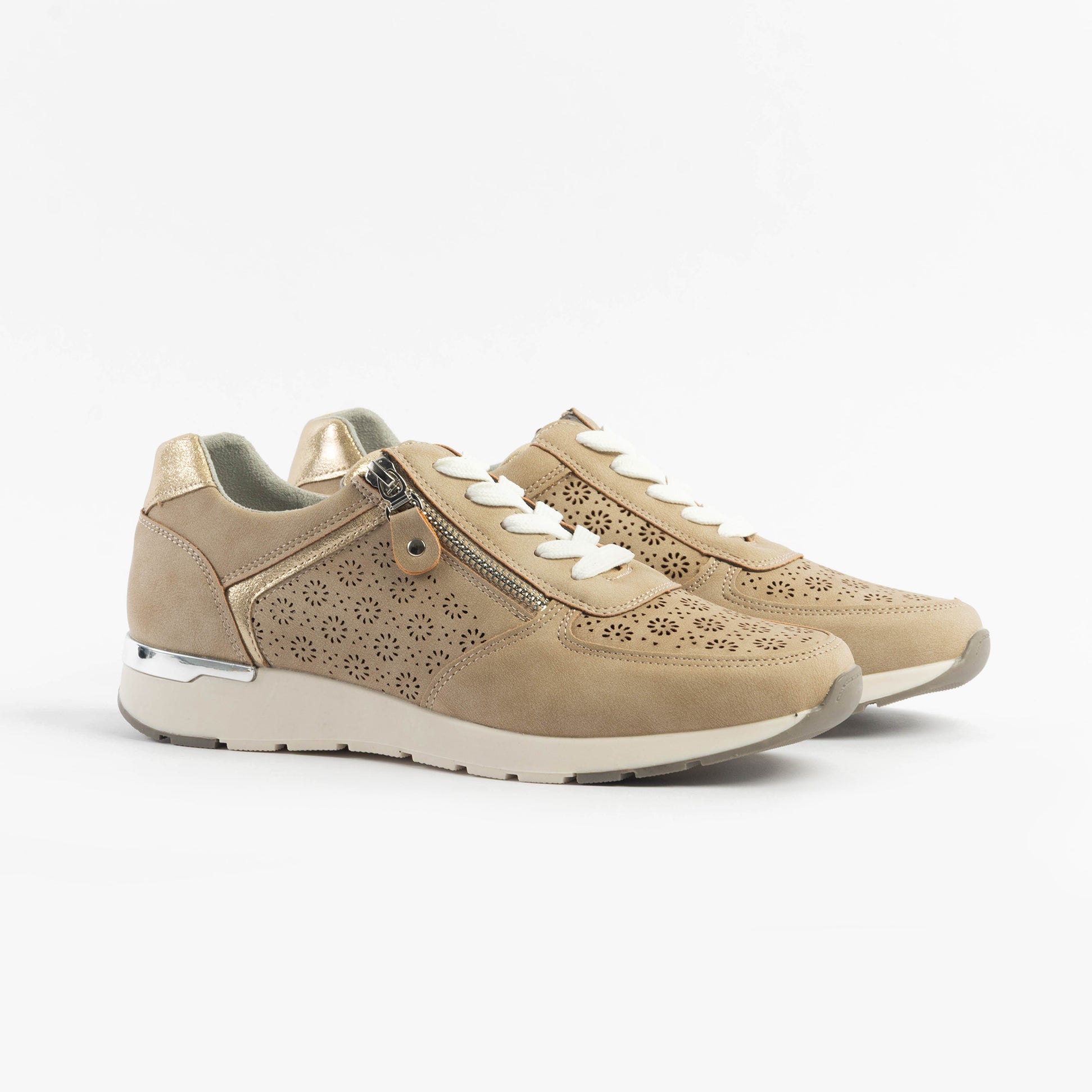 Dr Keller BARBARA Womens Trainers Beige side view showing lace-up and zipper details, and perforated upper.