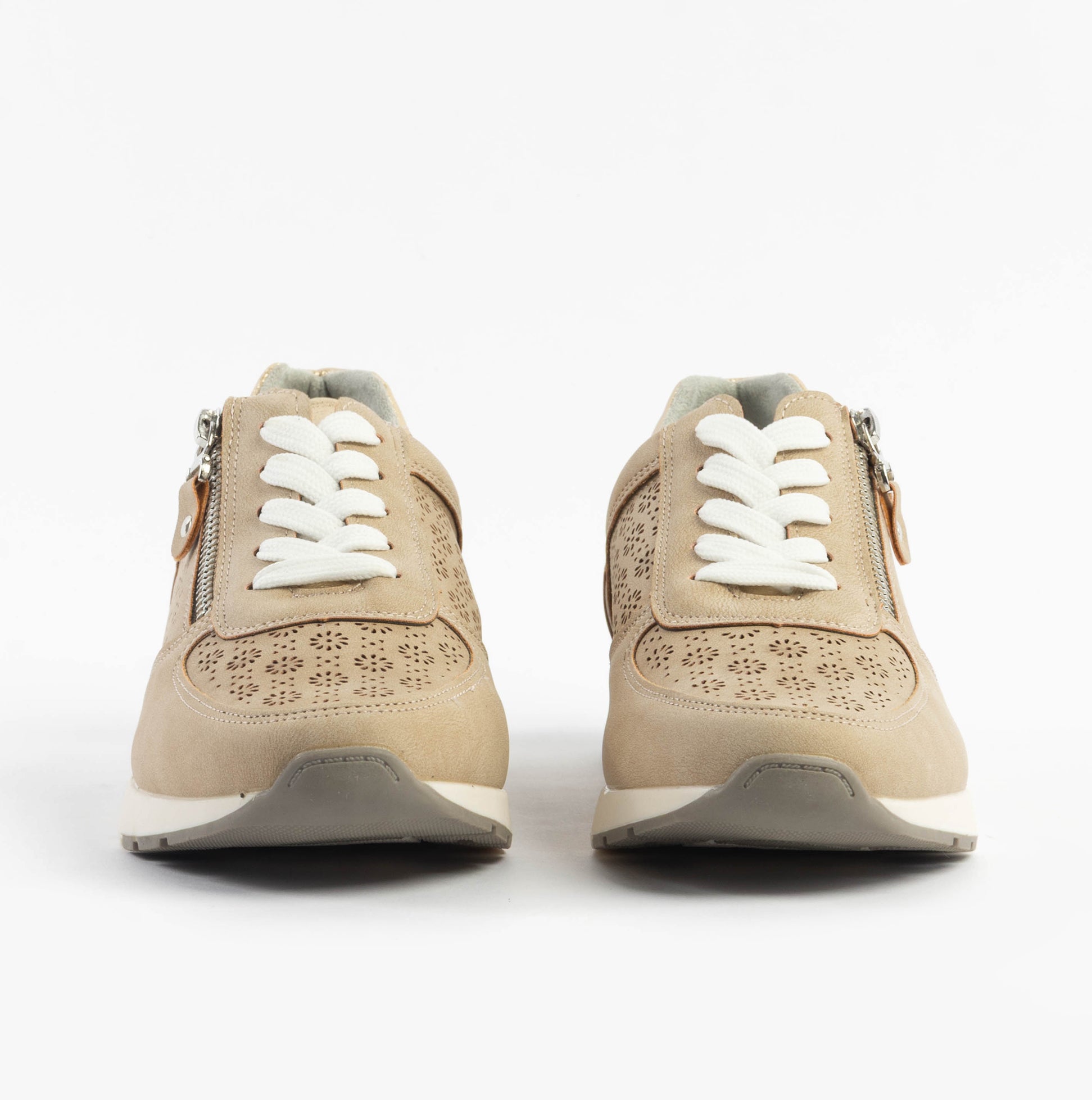 Dr Keller BARBARA Womens Trainers Beige front view with lace-up and zip detail, casual style shoes in low top design.