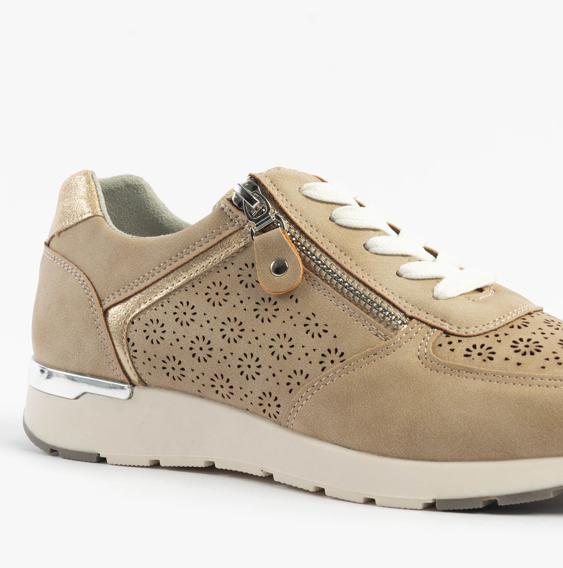 Dr Keller BARBARA Womens Trainers Beige side view showing lace-up and zip closure, perforated details and low top design.